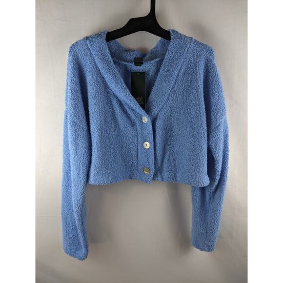 Cropped Cozy Cardigan Wild Fable Azure M Blue Lightweight Fuzzy V Neck Button Up - Picture 8 of 10